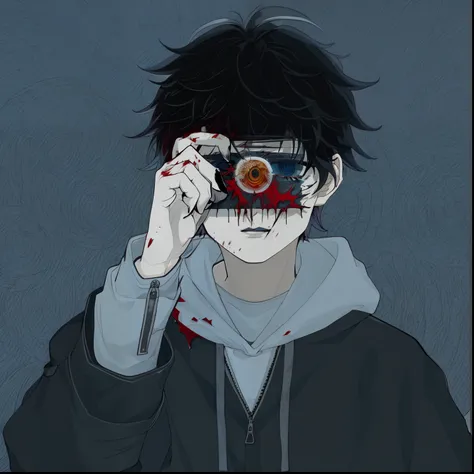 1boys, Portrait, Pure white background, Dark blue hair, Black eyes, Eye spiral, ringed eyes, blood spatter, Plain beige hooded sweatshirt，With stains of blood，The black jacket was stained with blood，Handheld camera，The camera has a scary eye