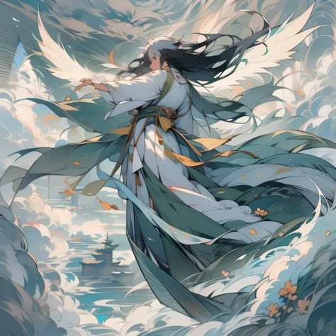 flying fairy，back shadow，green water and green mountains，royal sword flight，long hair flowing，surrounded by cloud，taoist robes a...