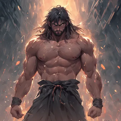 (professional 3d render:1.3) af (Realistic:1.3) The most beautiful artistic photo in the world，Soft function, Bright male hero, ((Epic hero fantasy rough muscular man wet hero angry looks long hair, short beard and fierce expression in dynamic pose, Fantas...