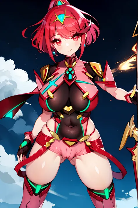 pyra (xenoblade), teen_1girl, loli, armor, bangs, black gloves, breasts, red eyes, light_close_mouth, earrings, eyelashes, fingerless gloves, floating hair, framed breasts, gem, gloves, hair ornament, headpiece, jewelry, big_breasts, leaning back, leotard,...