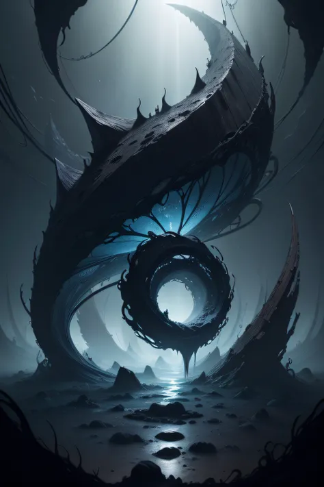 A scene containing a dark, ethereal shadow form emerging from a deep darkness, Its contours blend smoothly with the complex shapes of a polyp, which extends into a labyrinthine that connects to an abstract representation of the cosmos in background.