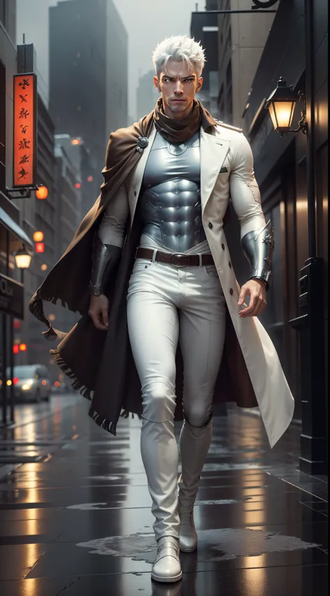 masterpiece, high resolution, extremely detailed, best quality, real light and shadow, solo, full body, Garou with white hair, cool cowhide fashion outfit, blue, handsome, pants full, detailed face, detailed eyes, scarf, jacket, arm brace, technology, rain...