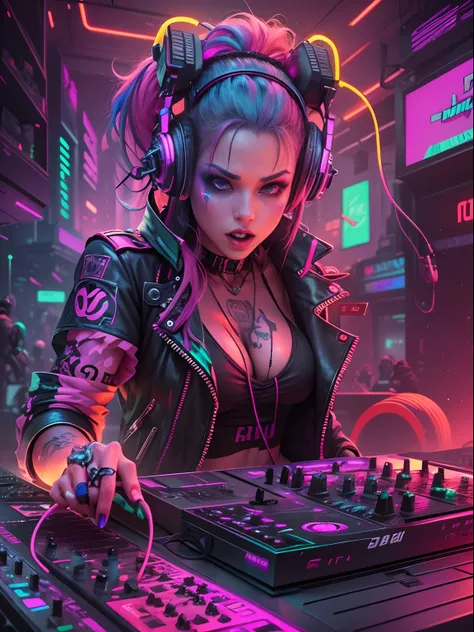 colorful, hyper-realistic , cyberpunk, psychedelic vampire female dj plays dj instruments very crazy, looks intense, unlimited e...