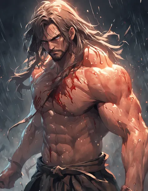 (professional 3d render:1.3) af (Realistic:1.3) The most beautiful artistic photo in the world，soft features, Smart male hero, ((Epic hero fantasy rough muscular man wet hero angry looks long hair, Intense expression of short beard and dynamic pose, Fantas...