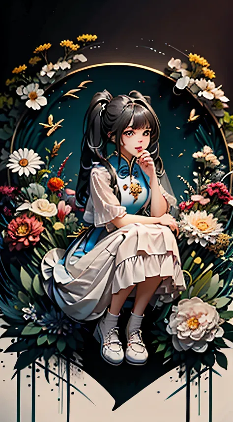 girl,full body,(detailed face:1.2), masterpiece, fashion,chinese dress,, medium hair, black hair, twintails, blunt bangs, brown eyes,