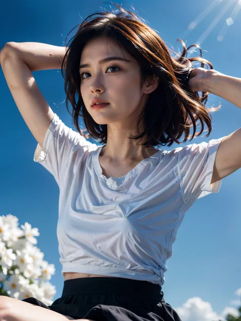 Top quality 8K, masutepiece: 1.3, Raw photo, Sharp Focus: 1.2,(Realistic, Photorealistic: 1.3), (Face Focus: 1.1), Cute face, small tits , flat chest, Medium hair, (white t-shirts: 1.3), Skirt, Sitting, Arms up, From below, Sunlight, Movie Lighting, A beau...