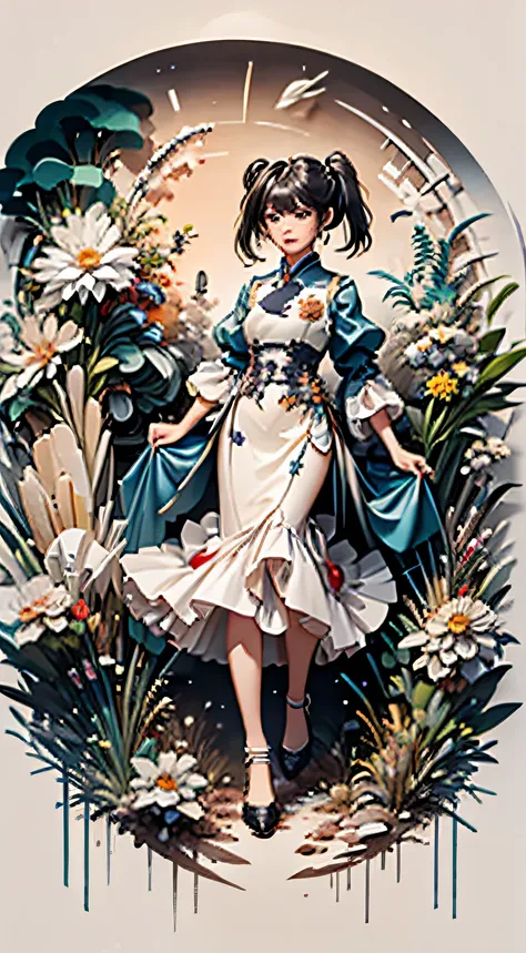 girl,full body,(detailed face:1.2), masterpiece, fashion,chinese dress,, medium hair, black hair, twintails, blunt bangs, brown eyes,