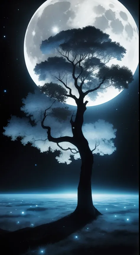 the night，the huge moon，kosmos，galactic，The tree，Eau，inverted image