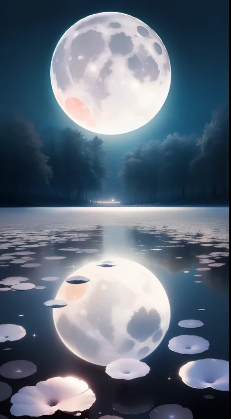 (((the night)))，(((the huge moon)))，Moonlight is reflected on the surface of the water，Carp leaps out of the water，Huge pond，Faraway view，Wide world，inverted image，Water streaks