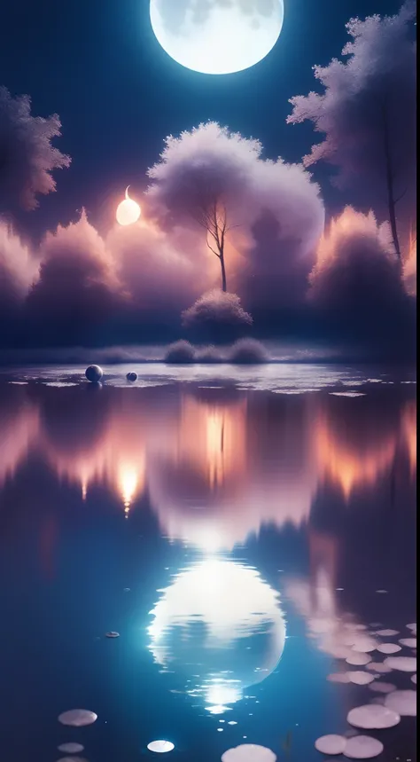 (((the night)))，(((the huge moon)))，Moonlight is reflected on the surface of the water，Carp leaps out of the water，Huge pond，Faraway view，Wide world，inverted image，Water streaks