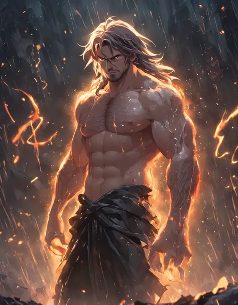 (professional 3d render:1.3) af (Realistic:1.3) The most beautiful artistic photo in the world，soft features, Smart male hero, ((Epic hero fantasy rough muscular man wet hero angry looks long hair, A strong expression of short beard and dynamic pose, Fanta...