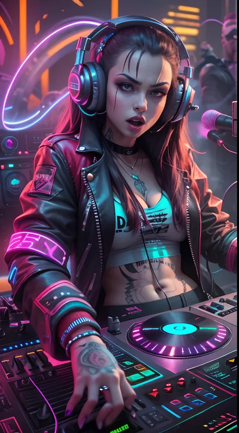 colorful, hyper-realistic , cyberpunk, psychedelic vampire female dj plays dj instruments very crazy, looks intense, unlimited e...