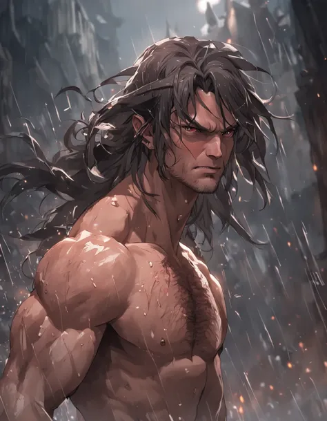 (professional 3d render:1.3) af (Realistic:1.3) The most beautiful artistic photo in the world，soft features, Smart male hero, ((Epic hero fantasy rough muscular man wet hero angry looks long hair, A strong expression of short beard and dynamic pose, Fanta...