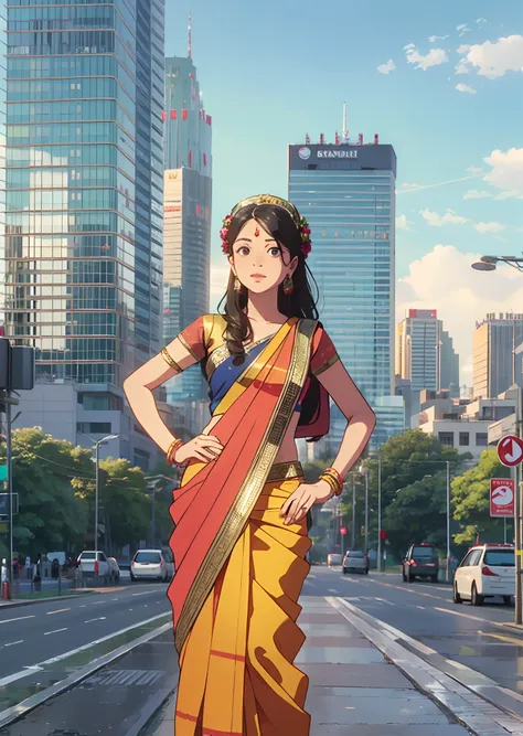 indian girl wearing saree bindi on head Standing in the middle of the street high skylines and sky scraper --auto --s2