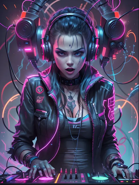 colorful, hyper-realistic , cyberpunk, psychedelic vampire female dj plays dj instruments very crazy, looks intense, unlimited e...