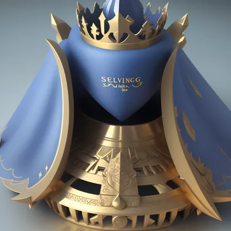 Generate a 3D text image with the words "SELVAA_THE_KING". Use bold and metallic gold textures. Add a subtle shadow and position the text diagonally from the bottom left to the top right. Apply a royal blue background.