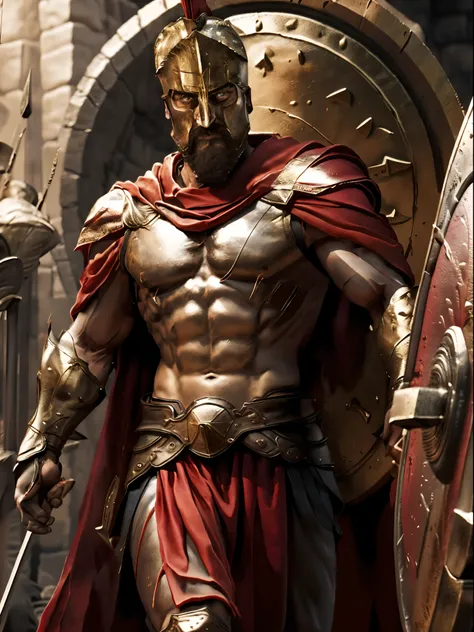 8k quality, ultra high detailed, highest quality, Spartan, king Leonidas, holding a shield and a spear, red cape, mad look, glow effects