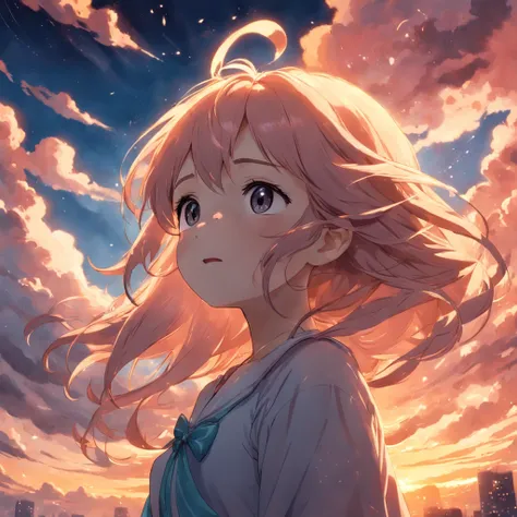 masterpiece, best quality, movie still, 1girl, cloud girl, floating in the sky, close-up, bright, happy, warm soft lighting, sunset, (sparks:0.7)