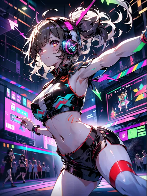 (8K, Best Quality: 1.4, masutepiece: 1.4, Ultra HD, Top resolution, Very detailed), Professional Lighting, Gray Light Lighting, (Single Girl: 1.4), dance, Artistic jumps, break dance, intense action, Dynamism, ((Multicolored lights illuminate her)), (A ser...