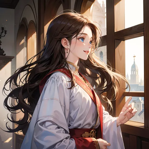 High quality, masterpiece, great detailed, perfect face, clean emotions! Clear eyes, medieval, dramatic lighting, girl with curly long messy brown hair and blue eyes in white holy knight clothes and red robe is smiling brightly!!!! Bright smile!!! So happy...