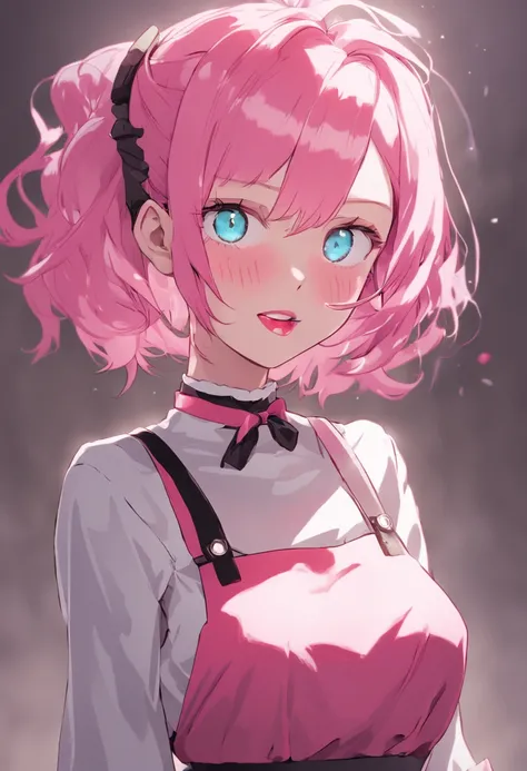 "Robot woman with pink hair and blue eyes, dressed as a housewife in an apron, standing at attention with a plastic skin and a glossy lipstick, wearing doll-like eyes and an empty smile."