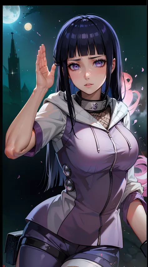 Hyuga Hinata, Bela, obra prima, extremamente detalhado, melhor qualidade, best ilumination, melhor sombra, rosto perfeito, olhos brancos brilhantes, cabelo azul escuro curto e com franja, usando o manto da Akatsuki, Byakugan, renegada, manto da Akatsuki, c...