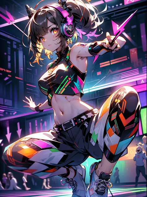 (8K, Best Quality: 1.4, masutepiece: 1.4, Ultra HD, Top resolution, Very detailed), Professional Lighting, Gray Light Lighting, (Single Girl: 1.4), dance, Artistic jumps, break dance, intense action, Dynamism, ((Multicolored lights illuminate her)), (A ser...