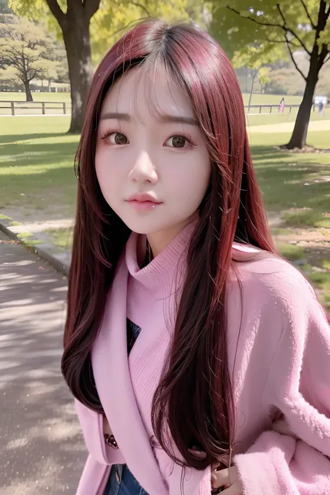 Close up portrait of long-haired woman in pink coat, Korean Girl, ulzzangs, jaeyeon nam, Young adorable Korean face, beautiful Korean women, lee ji - eun, lee ji-eun, Beautiful young Korean woman, portrait of jossi of blackpink, Choi Hong Hwa, wan adorable...