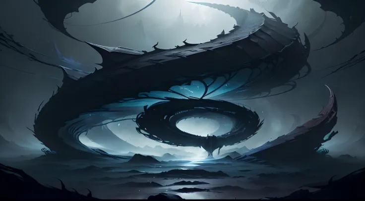 there is a digital painting of a giant dragon in the middle of a dark sky, an ominous fantasy illustration, dramatic concept art, symmetric concept art, dark fantasy concept art, dark concept art, symmetrical epic fantasy art, dark fantasy style art, 8k st...