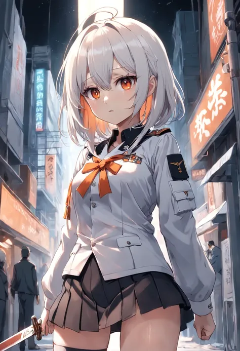 bit girl，Wear orange combat uniforms，White color hair，There is a long knife on the back，In the toilet，looking back at the camera，Very shy，Drawn by Mai Yoneyama，Lift up your short skirt