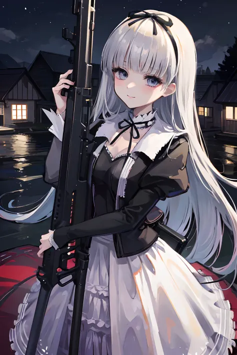 Gretel, Best Quality, masutepiece, Solo, Huge rifle, outside of house, Night, Sateen, Foggy