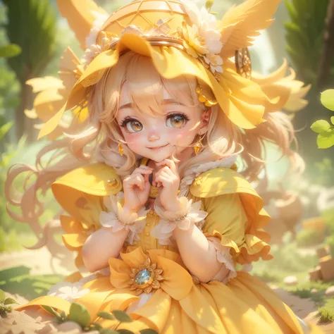 (sandbox:1.4),in a panoramic view，Solo, full body Esbian，tchibi，Cute little girl, Wearing a yellow dress，a panoramic view，Delicate headgear，ssmile，Rococo style，Glass material，crystal material，ighly detailed, cinematic lighting effect，8K，tmasterpiece，offcia...