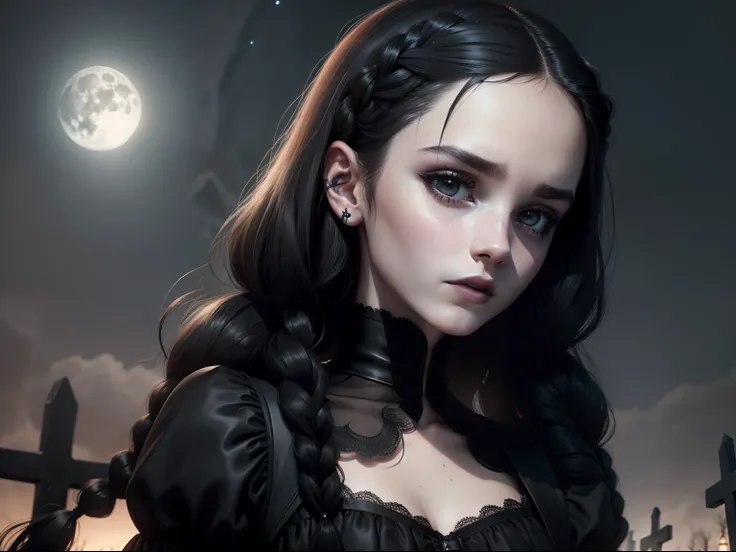 teen Emma Watson, black hair, twin braids, slender, small breasts, pale skin, white face, lifeless face, black lipstick, black sheath dress, midnight background, nightmare before christmas cemetery, full moon lighting,