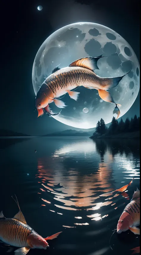 (((the night)))，((((Carp leaps out of the water))))，((the huge moon))，Moonlight is reflected on the surface of the water，Huge pond，Faraway view，Wide world，inverted image，Water streaks