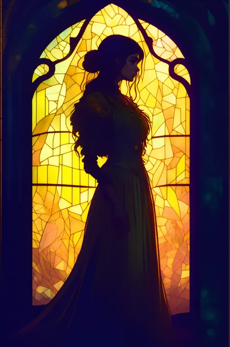 Close-up of a woman in a dress standing in front of a stained glass window, Glowing stained glass background, backlit stained glass, stained glass art, Stained glass, stained glass style, Stained glass tarot card style, stain glass, alphonse mucha and alen...