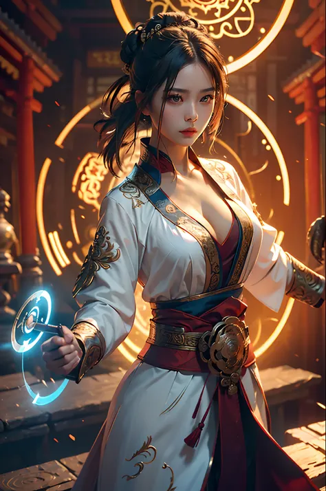 Best quality,masterpiece,ultra high res,(photorealistic:1.4),xiuxian,weapon,Detailed face,
1girl,solo,weapon,cleavage,(magic circle:1.2),xiuxian,upper body,Beautiful girl,full body,east asian architecture,sheath,architecture,