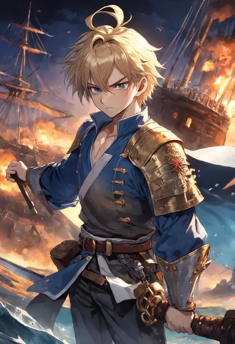 best qulaity, Meisterwerk, Ultra-detaillierte, extremely high-resolution CG unit wallpaper, beste Illustration, An extremely heroic, 36 Jahre alter Mann, Greatsword on the back, Haar kurz blond, Vollbart, blond, Pirate with plate armor, Hub above the right...