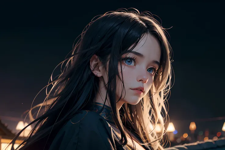 1girll，Long hair spread out，Autumn wind，Hair is floating in the wind，Ethereal beauty, Perched on the roof,Overlooking the city，Chinese ancient style，exteriors，the night，deep in the night，Blue starry sky，Starry sky in ancient China，The roof of the Forbidden...