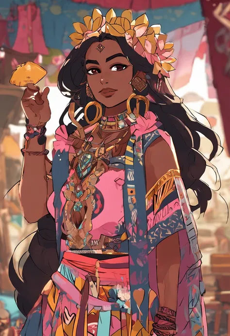 (masterpiece - picture - detailed - best quality) - anime style - genshin impact style - milf woman - - aztec - long black hair - dark brown skin - fabulous look - traditional wear mexican - poncho - pink mexican skirt - sash at waist and Stomach - Closed ...