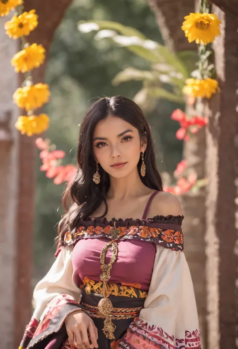 (masterpiece - picture - detailed - best quality) - anime style - genshin impact style - milf woman - - aztec - long black hair - dark brown skin - fabulous look - traditional wear mexican - poncho - pink mexican skirt - sash at waist and Stomach - Closed ...