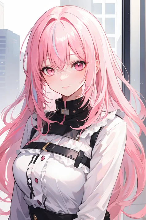 White hair， Pink hair，  long whitr hair，a matural female，Pink eyes，ssmile