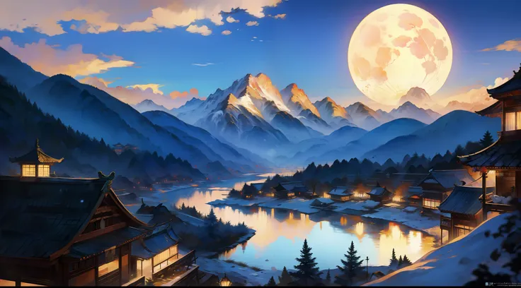 chinese ancient times，village night，((overlooking the perspective))，（mountain ranges），((huge moon))，the night