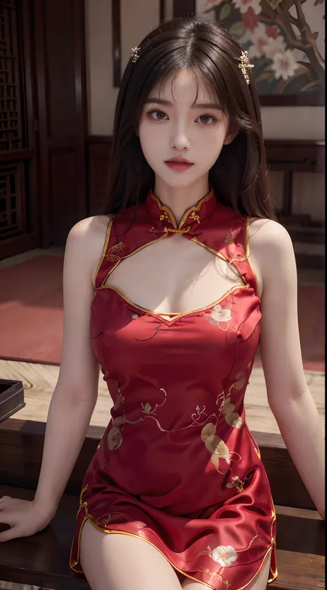 Masterpiece，Ultra-clear texture，Chinese red，Cheongsam beauty，Good facial features，Chinese clothing hairstyle，By bangs，largeeyes，long eyelasher，The chest is huge，Stand up，facing to audience