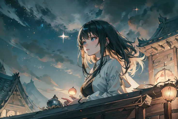 1girll，Long hair spread out，Autumn wind，Hair is floating in the wind，Ethereal beauty, Perched on the roof,Overlooking the city，Chinese ancient style，exteriors，the night，deep in the night，Blue starry sky，Starry sky in ancient China，The roof of the Forbidden...