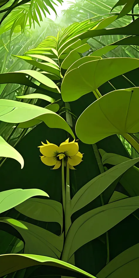 Heliconias from bottom view, luxuriant greens in tropical forest