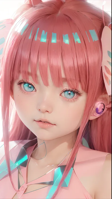 1 young girl with red hair and butterfly wings in her hair, pink twintail hair and cyan eyes, close up iwakura lain, close up of iwakura lain, zero two, holo, close up of lain iwakura, real visual of a cute girl, fine details. anime. tentacles, real ears, ...