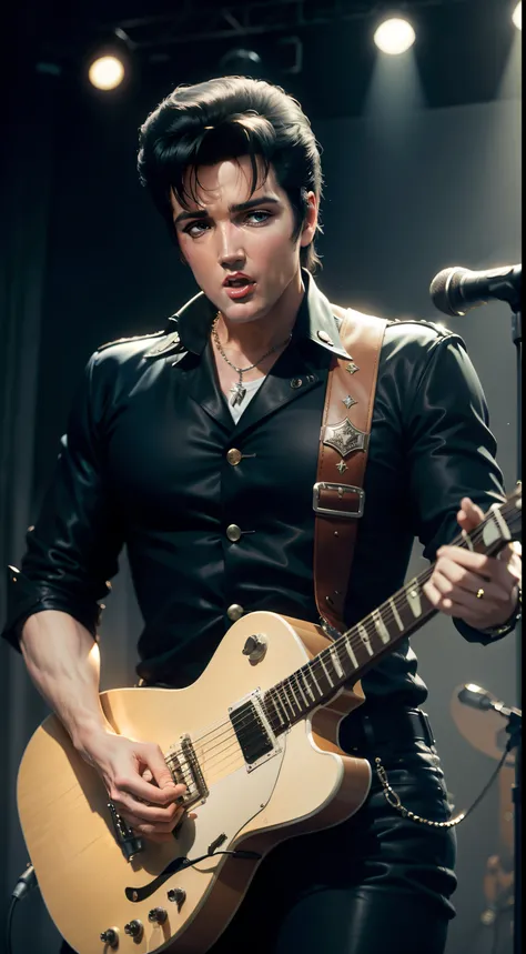 Elvis Presley performing on stage with his iconic guitar and charismatic presence.