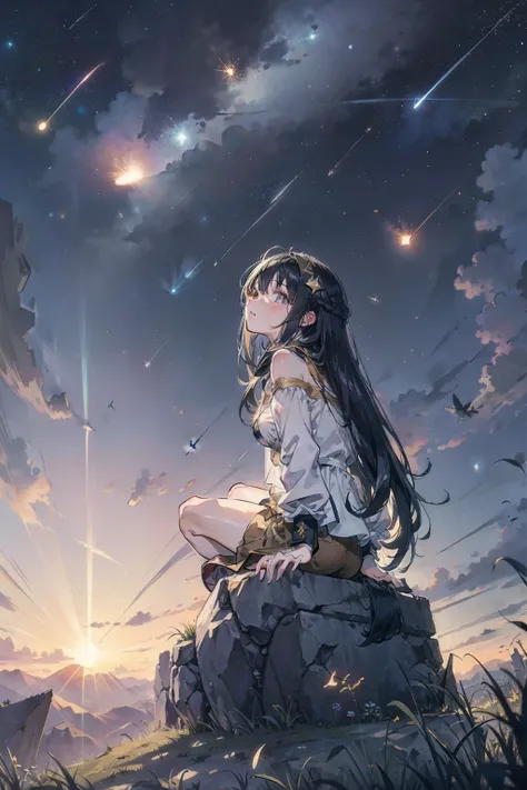 Outdoor girl， starrysky，Sit on top of the hill， ventania，meteors，long whitr hair