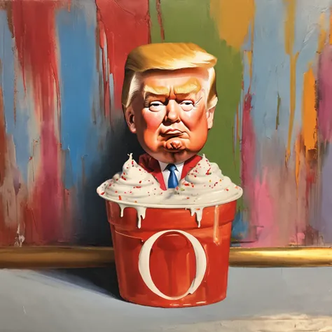 Realistic image of Donald Trump as a Cartoon; Boss Baby style eating a Blizzard Ice Cream in a Dairy Queen cup. Hyper realistic quality.