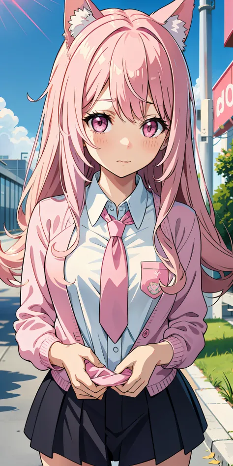 Anime girl with pink hair and dog ears in pink tie, pink eyes, shy blush